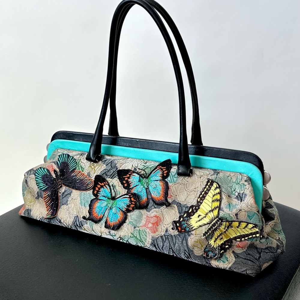 Bottega Veneta Black and Teal Butterfly Shoulder Bag